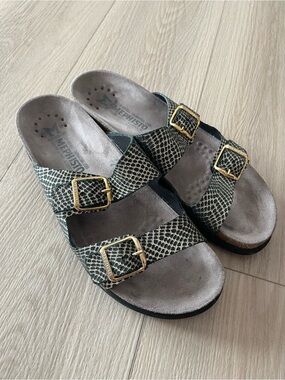 Mephisto harmony Snake Print Double Buckle Sandals in Black/gold